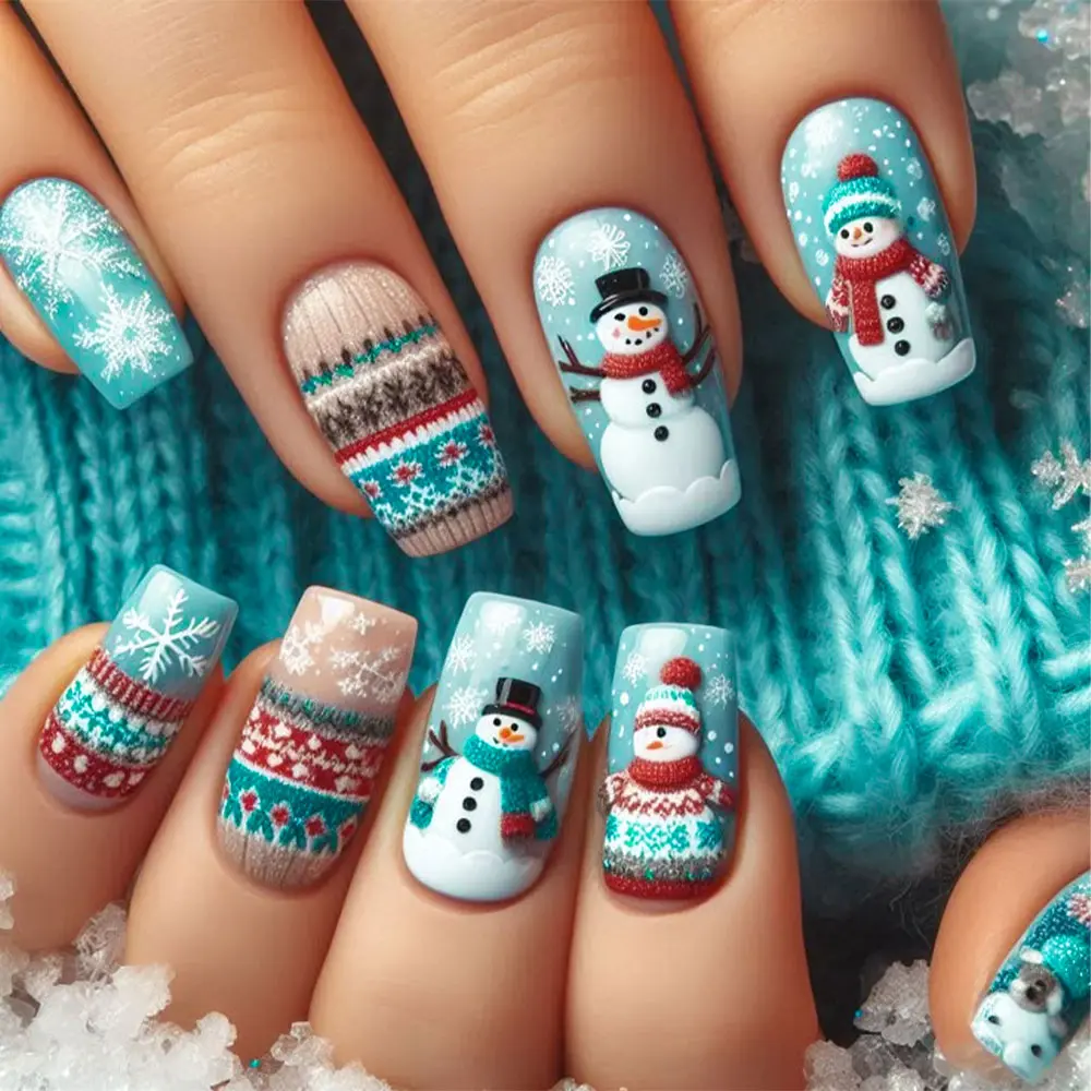 Christmas 24pcs Square Press-On Nails, Scarf Snowman & Sweater Snowman Design, Glossy Acrylic False Nails for Women and Girls