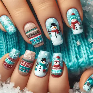 Christmas 24pcs Square Press-On Nails, Scarf Snowman & Sweater Snowman Design, Glossy Acrylic False Nails for Women and Girls