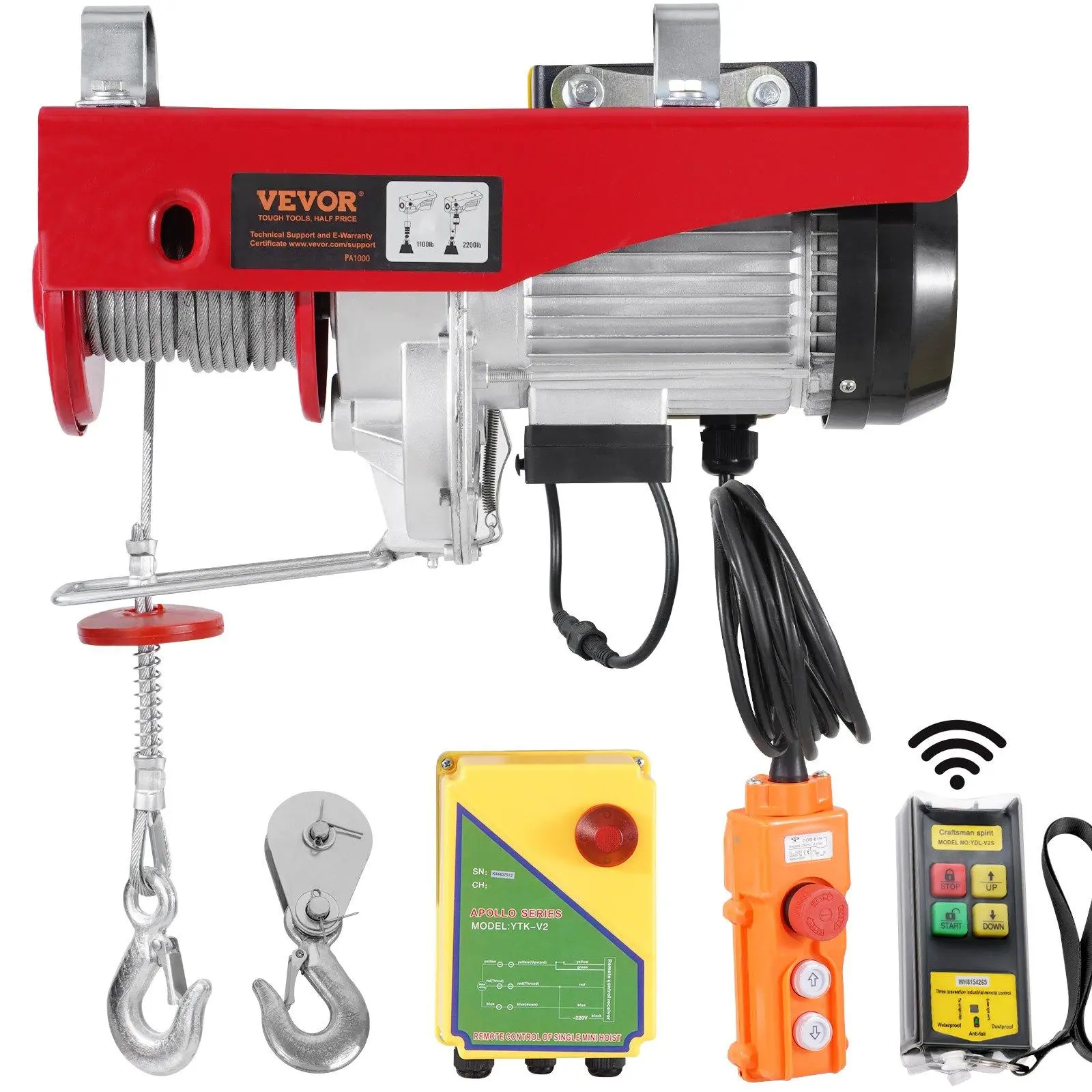 【summerfinds】VEVOR Electric Hoist Winch, 2200 lbs Max Load, 120V, 40 ft Single Cable Lifting Height, Single/Double Slings, Emergency Brake, Wireless/Wired, 1100 lbs Double-Load Option, for Garage Lifting, Automotive Repair Solutions, Warehouse Work Tools