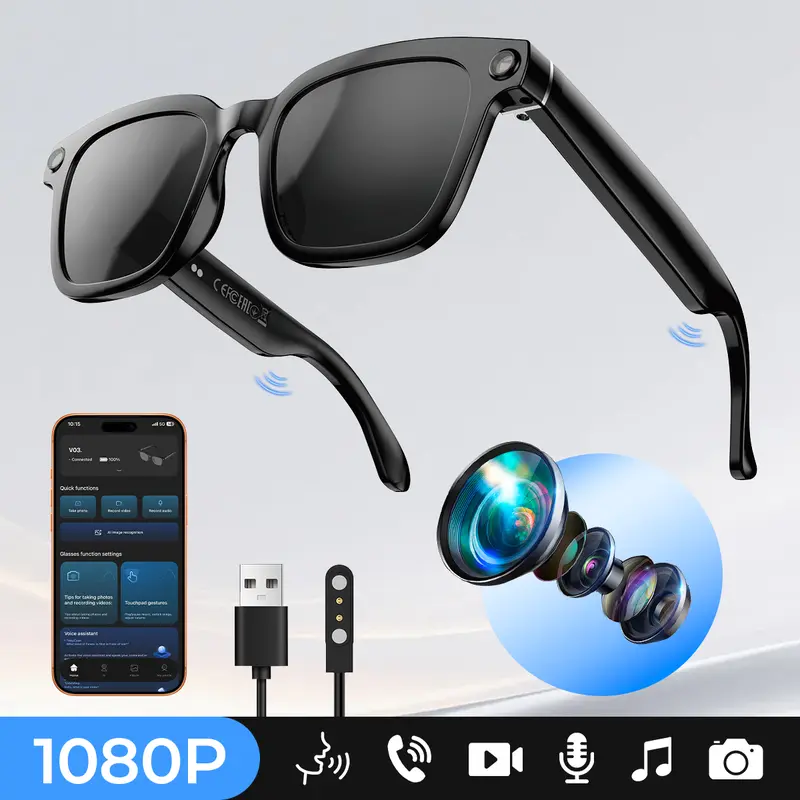 Smart Bluetooth Glasses with Camera, 1080p Video Recording Wearable Glasses, Multifunctional Wireless Audio Glasses with Headphone, Outdoor Sports Camera Sunglasses with Intelligent Voice Assistant, Anti-blue Light Protection Eyeglass