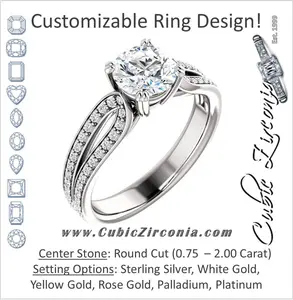 Cubic Zirconia Engagement Ring- The Monet (Customizable Round Cut Design with Wide Split-Pavé Band)