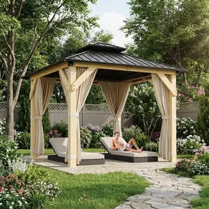 Garvee 10x10 FT Hardtop Wood Gazebo – Double Metal Roof, Heavy-Duty Spruce Frame with Netting & Curtains, All-Weather Outdoor Pavilion for Patio, Backyard, Deck, Garden ,Khaki