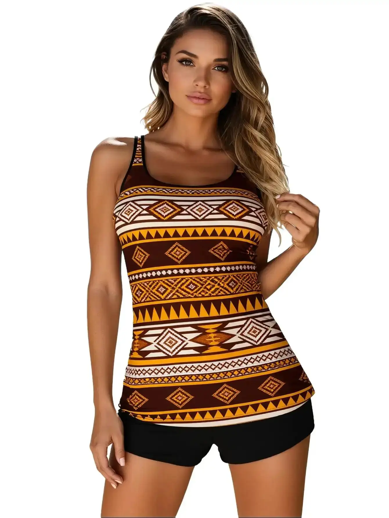 Women's 2-Piece Plaid Pattern Tankini Swimsuit - Stretch, Snug Orange & Black Checkered Tank Top with Fast-Dry Boy Shorts, Poolside Wear, M, No, Beach Swim, Ergonomic Tailoring