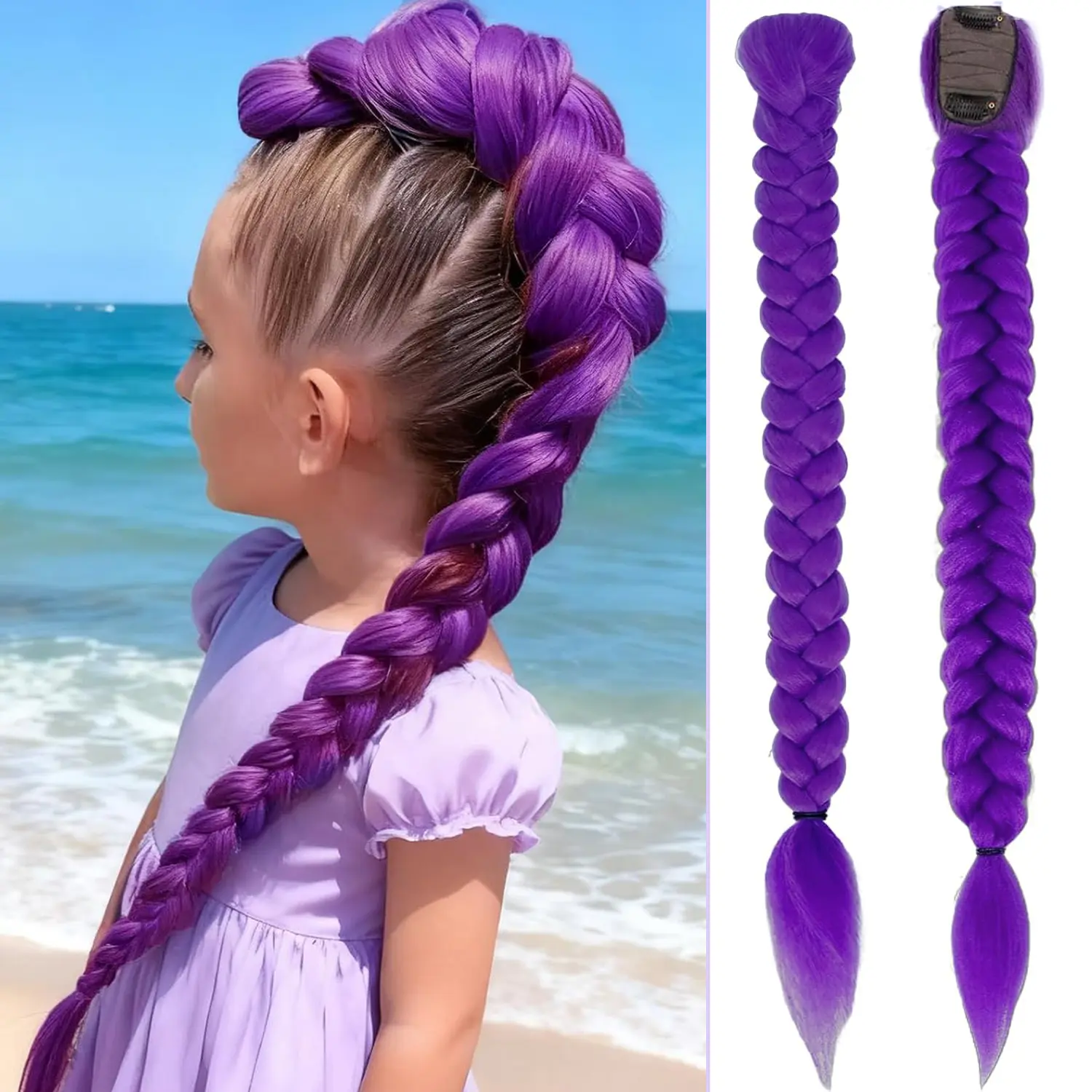 26 inch Long Purple Braid Ponytail Pre Stretched Synthetic Hair Extensions for Braids Easy Clip in Ponytail for Cosplay Halloween Costume stage party