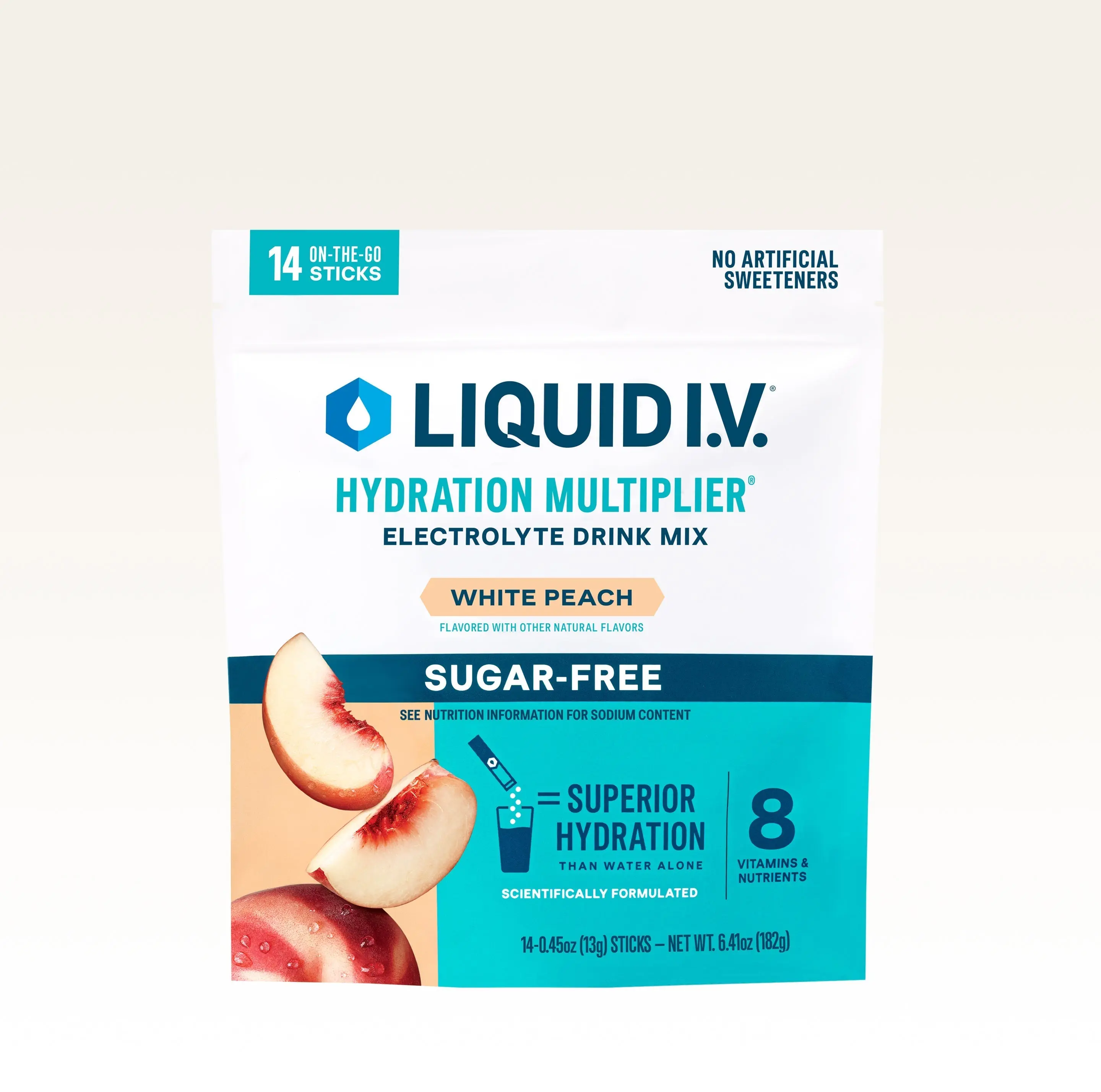 Liquid I.V. Sugar-Free Hydration Multiplier - White Peach - Hydration Powder Packets | Electrolyte Powder Drink Mix | Convenient Single-Serving Sticks | 8 Vitamins & Nutrients | 1 Pack (14 Servings)