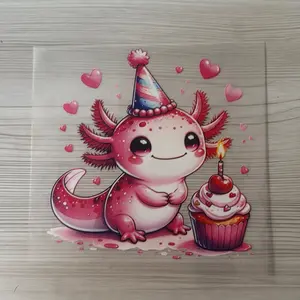 Iron on DTF Cold Peel Transfer - Adorable Axolotl with Birthday Hat & Cupcake Design for Creative Projects