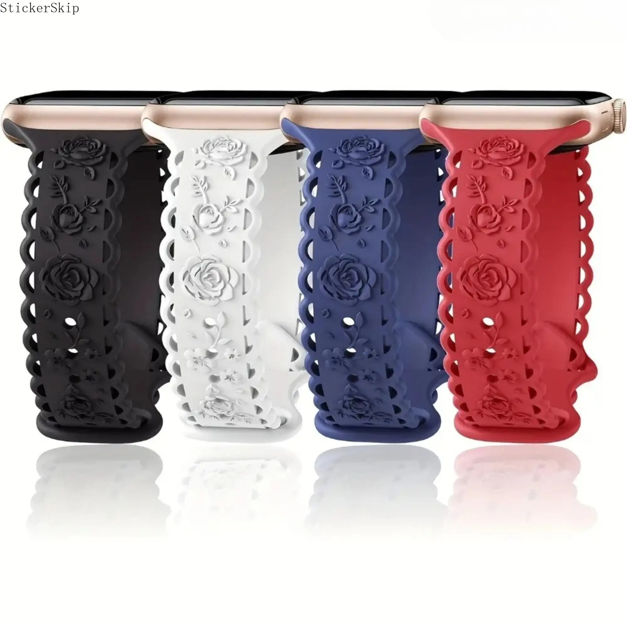 2026 4-Pack Rose Engraved Apple Watch Bands – Lace Floral Slim Sport Strap for Women, Lightweight Silicone Watch Bands Fits 38–49mm (All Series & Ultra), Elegant Daily Wear Set