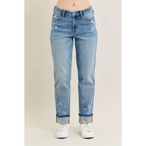 Judy Blue Mid Rise Bleach Splattered Cuffed Boyfriend Jeans 88519, Stretchy Cotton Comfort Fit Denim Womenswear Bottom