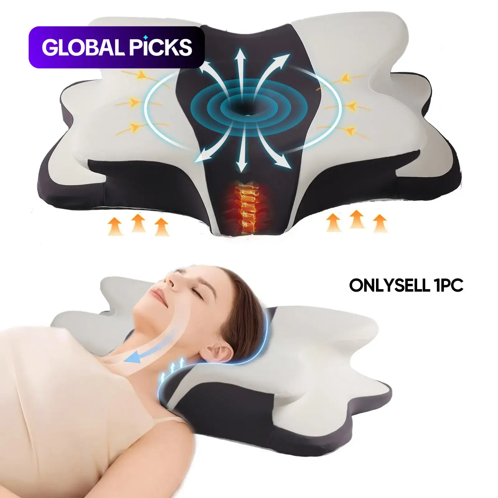Double-Sided Contour Neck Pillow, Dual-Height Contoured Memory Foam with Breathable Pillowcase, Center Groove and Armrest Design for Side, Stomach, and Back Sleepers #GLOBAL PICKS