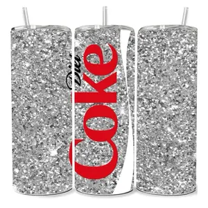 Glitter 20 oz Tumbler with Straw - Silver Glitter Design, Red Logo, and Clear Body - Perfect for Drinks
