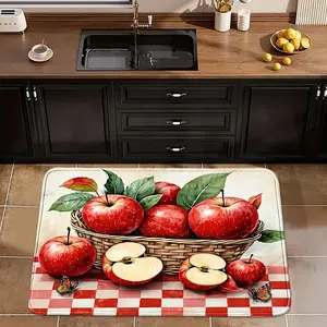 1pc Oil Painting Style Apple Basket Kitchen Rug, 100% Polyester Flannel Mat, Handmade Floral Pattern, Indoor Use, Slight Anti-Slip, Absorbent