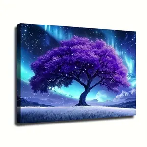 "Enchanted Purple Tree Canvas Wall Art for Living Room Decor - Night Sky Aurora Landscape Stretched Print - Modern Fantasy Nature Artwork for Bedroom & Office - Mystical Blue & Purple Celestial Wall Decor"