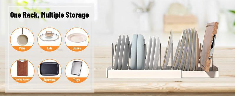 [Spring & Easter] Expandable Pot and Pan Organizer Rack - 7 Stainless Steel Adjustable Dividers for Kitchen Cabinet Organizer & Storage White Durable Metal Accessible