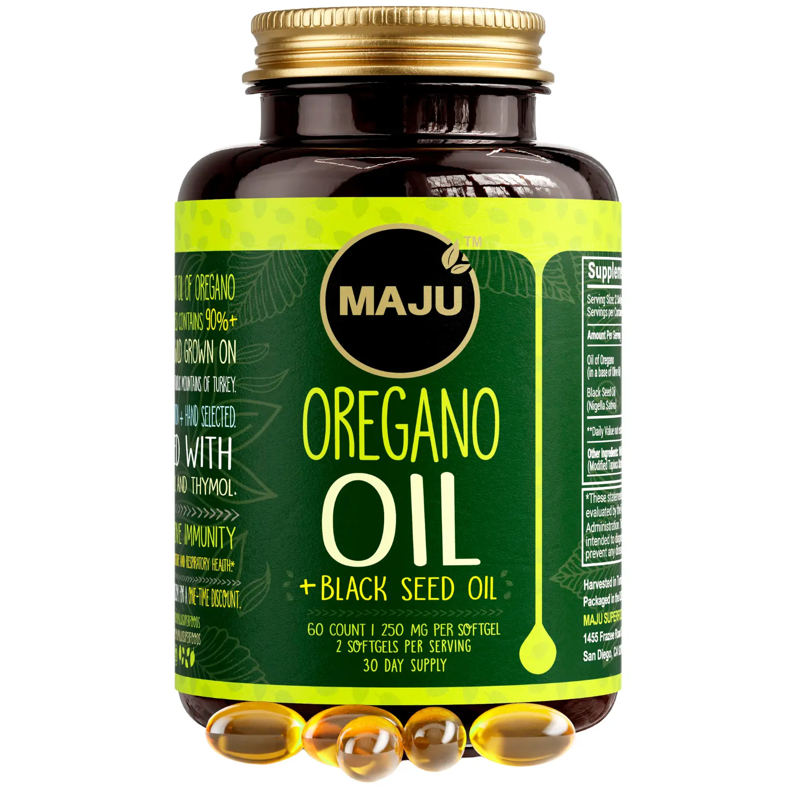 MAJU Oregano Oil Capsules w/ Black Seed Oil (60ct) - 2-in-1 Blended Softgel, Oil of Oregano & Black Seed Oil, Edible Dietary Supplement for Seasonal Wellness, Immune Support, Minerals, Vitamins, Digestion Healthcare Fitness