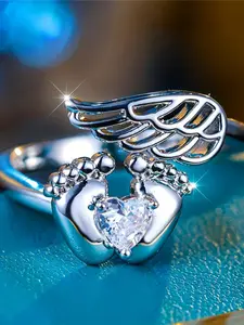 Cute Female Small White Adjustable Open Heart Design Ring Angel Heart Wing Engagement Wedding Jewelry For Women