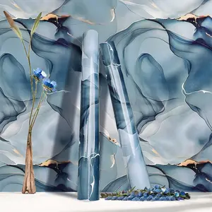 3D Marble Ink Blue Gold Effect Wallpaper Panel, Self-Adhesive Peelable, Thick Vinyl Material, Golden Texture, Easy to Clean, Modern Luxury Home Decor, Marble Backsplash Wallpaper