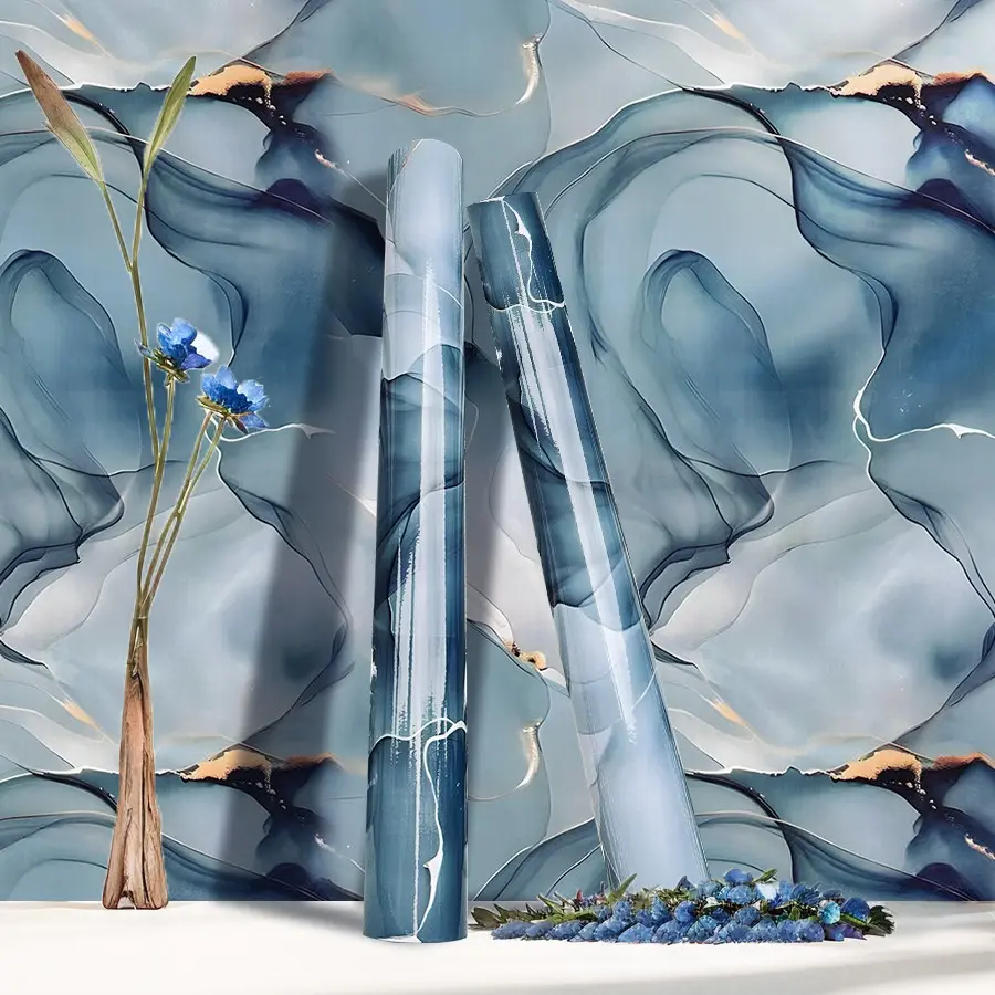 3D Marble Ink Blue Gold Effect Wallpaper Panel, Decorative Wallpaper, Self-Adhesive Peelable, Thick Vinyl Material, Golden Texture, Easy to Clean, Modern Luxury Home Decor, Marble Backsplash Wallpaper