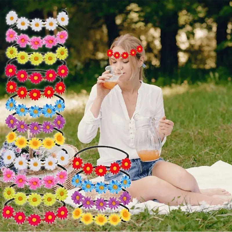 16pcs Daisy Floral Crown Headbands, Adjustable Braided Rope Hair Accessories, Non-slip Plastic Garland with Soft Faux Leather, Sports Headwear for Birthday, Party (Nurse Scarf Head Wrap Band)