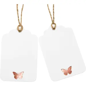 100Pcs Blank Foil Rose Gold Butterfly Large Gift Tags with String and 65Ft Jute Twine, White Paper Cute Gift Tags for Birthday Baby Shower Wedding Spring Summer Gift Wrapping