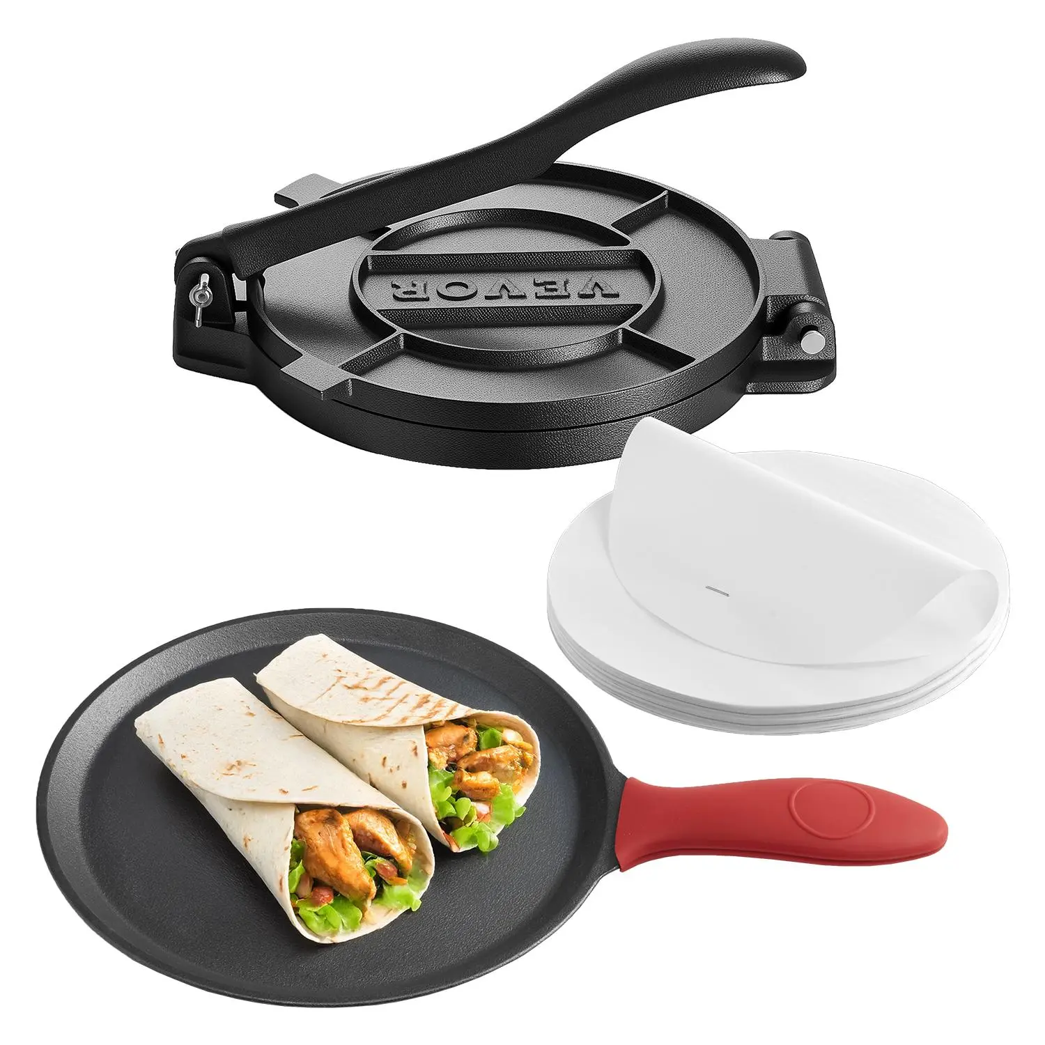 【summerfinds】VEVOR Tortilla Press, 10 Inch Cast Iron Tortilla and Roti Maker, Heavy Duty Tortilladora Press, Pataconera Makers with Handle and 100 Pcs Parchment Paper, Dough Taco Press for Flour Tortilla, Tawa