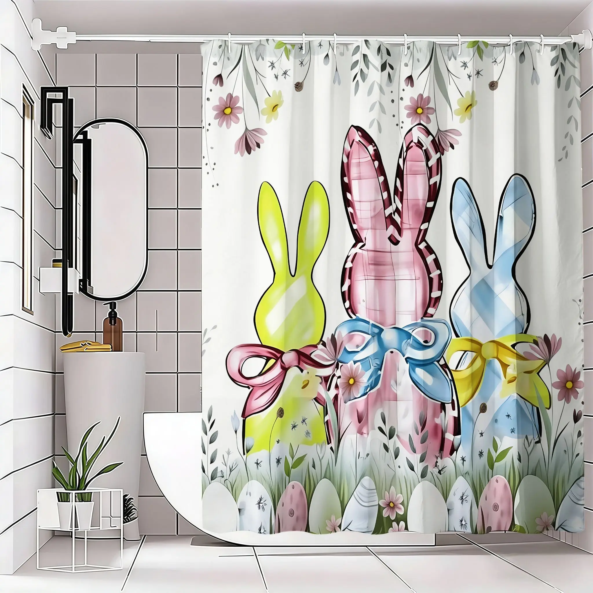 Festive Easter Bunny Shower Curtain, Colorful Bunny Silhouettes, Floral Motifs, Pastel Easter Eggs, Spring Bathroom Decor, Easy Hanging