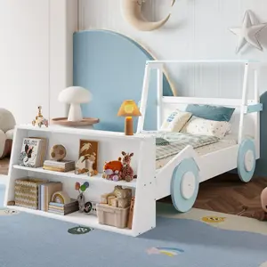 Twin Car Platform Bed, with Storage Shelves, Car-Shaped Design, Vehicle Themed, for Fans, Blue and White