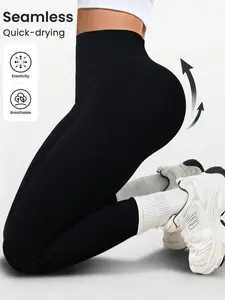 Solid Color High Waist Seamless Yoga Leggings Black Cropped High Stretch 54% Polyamide 36% Polyester 10% Elastane All Seasons