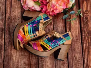 Huarache Sandal - Mexican style Boho Hippie All sizes- 5-10 High heel leather shoe Luisa’s Rainbow cute unique shoes, gifts for friends, relatives, family.