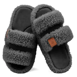 DIOLV Women's Fuzzy Faux Fur Memory Foam Open Toe House Slippers with Double Strap Cozy Lining & Wavy Rubber Outsole for Indoor & Outdoor Use