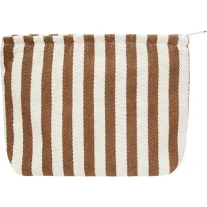 Makeup Bag Large Cotton Zipper Pouch for Purse Travel Canvas Make Up Organizer for Women Cosmetic,Stripe Coffee
