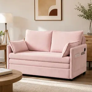 ARCH 55" Convertible Sofa Bed Pull Out Couch 3-in-1 with Side Pocket USB Ports Modern Corduroy Living Room Small Space Apartment Bedroom Twin Sleeper Foam, Twin Size Options, Pink Color Options, Corduroy Material, Modern Style, Color: Pink