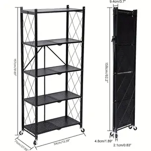 Folding Bookshelf, 3/4/5 Tier Storage Shelf With Wheels - Metal Collapsible Shelving Unit Display, Heavy Duty Folding Shelves, No Assembly Organizer Rack For Garage Kitchen, Basement, Pantry, Utility Shelves