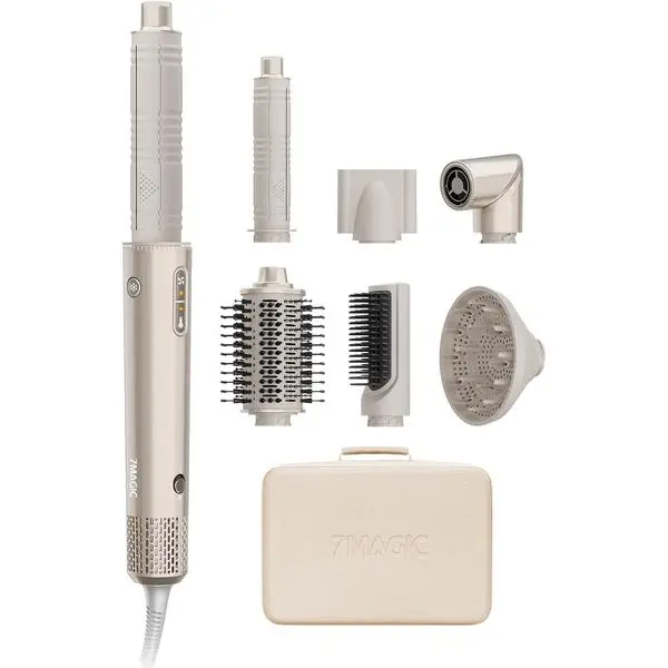 7MAGIC 7-in-1 Air Multi-Styler & Hair Dryer Brush with Auto-Wrap Curlers, 110,000 RPM High-Speed Blow Dryer with Negative Ions. Fast Drying, Curling, Volumizing & Straightening. Includes Travel Case.