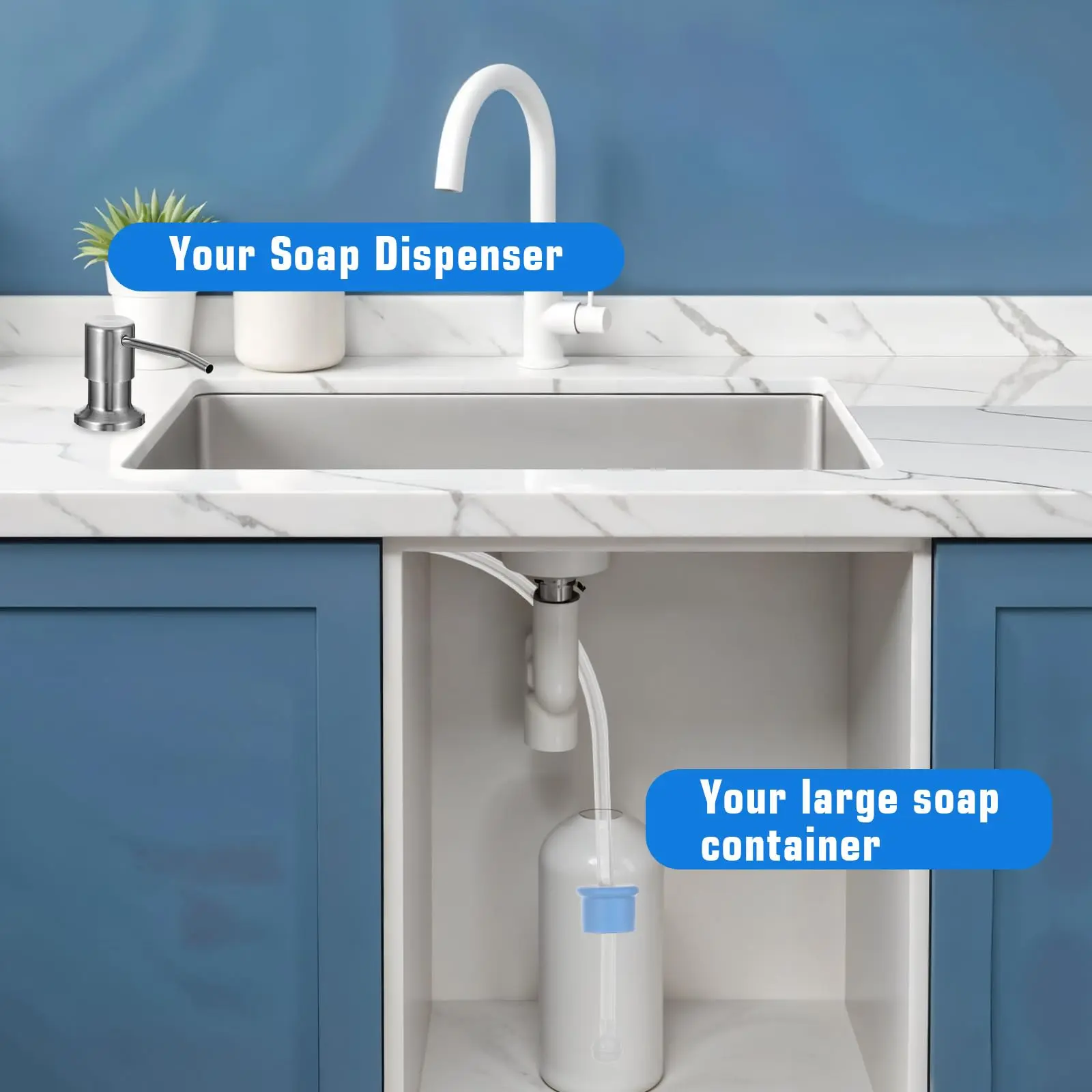Dish Soap Dispenser for Kitchen Sink (Brushed Nickel), Countertop Sink Soap Dispenser Water Pump with 39” No-Spill Extension Tube Kit Design for Kitchen Bathroom, No More Refills (Sliver)