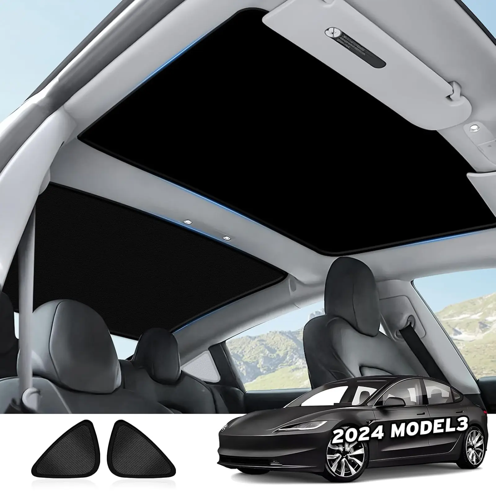 Black Sunshade Roof Sunroof Cover Waterproof Sunshade - Fits Tesla Model 3/ Highland 2018-2026 - UV Block & Heat Reduction Window Accessories - with Black Buckle - No Sag Ice-Crystal Cooling Coatings
