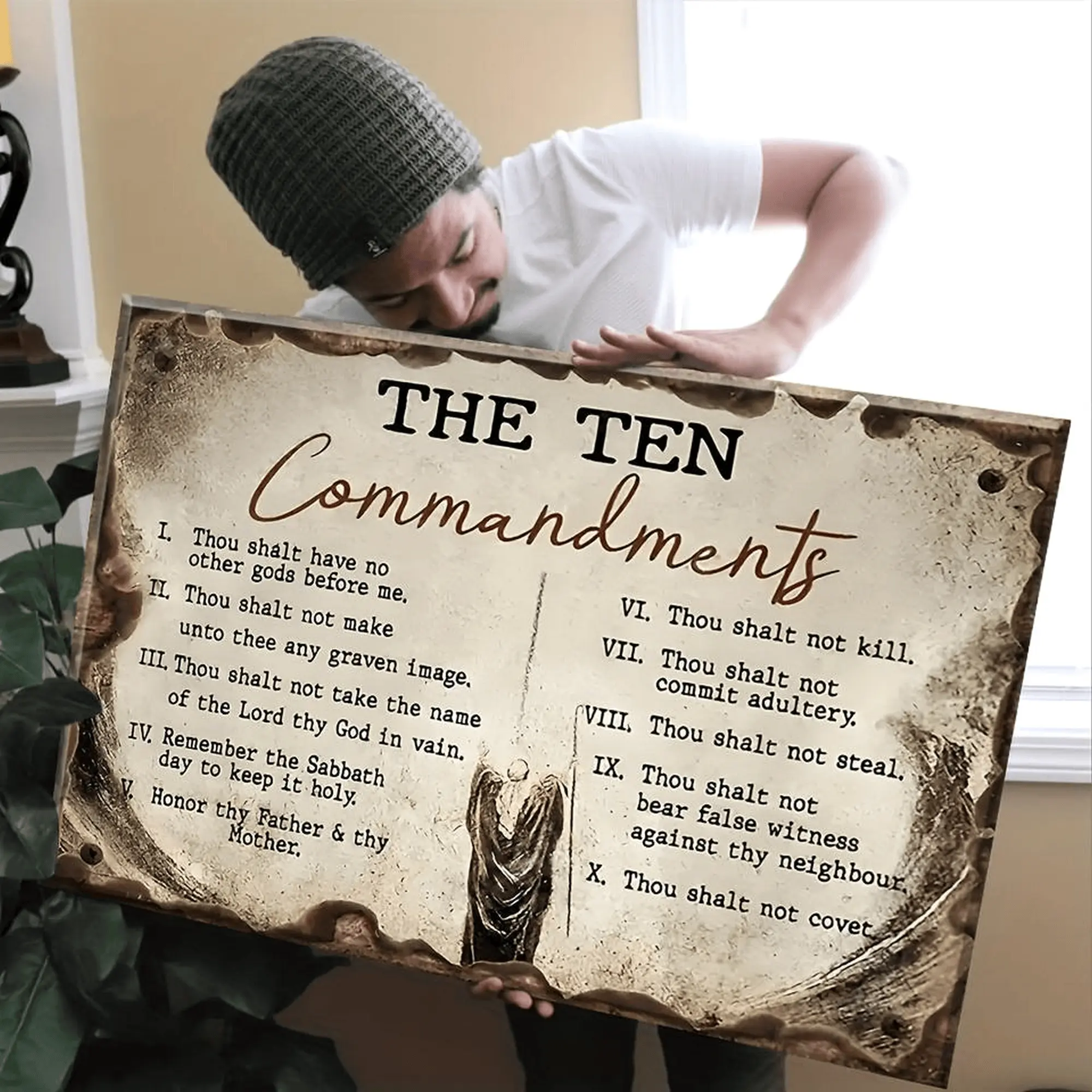 Decorative Patterns On Office Supplies Retro Canvas Walls Jesus Painting Wooden Background The Ten Commandments Wall Art Canvas Motivational