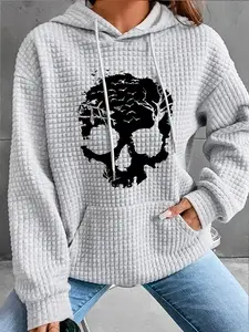 Women's Trendy Hooded Sweatshirt with Skull Bird Print, Long Sleeve Pullover with Pocket, Fall & Winter Casual Top, Drippy Skull Hoodie