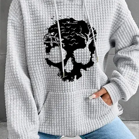Women's Trendy Hooded Sweatshirt with Skull Bird Print, Long Sleeve Graphic Pullover with Pocket, Fall & Winter Casual Top, Drippy Skull Hoodie