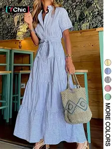 Women's Striped Print Belted Button Dress, Elegant Casual  Long Dress for Summer, Women's Clothing for Daily Wear