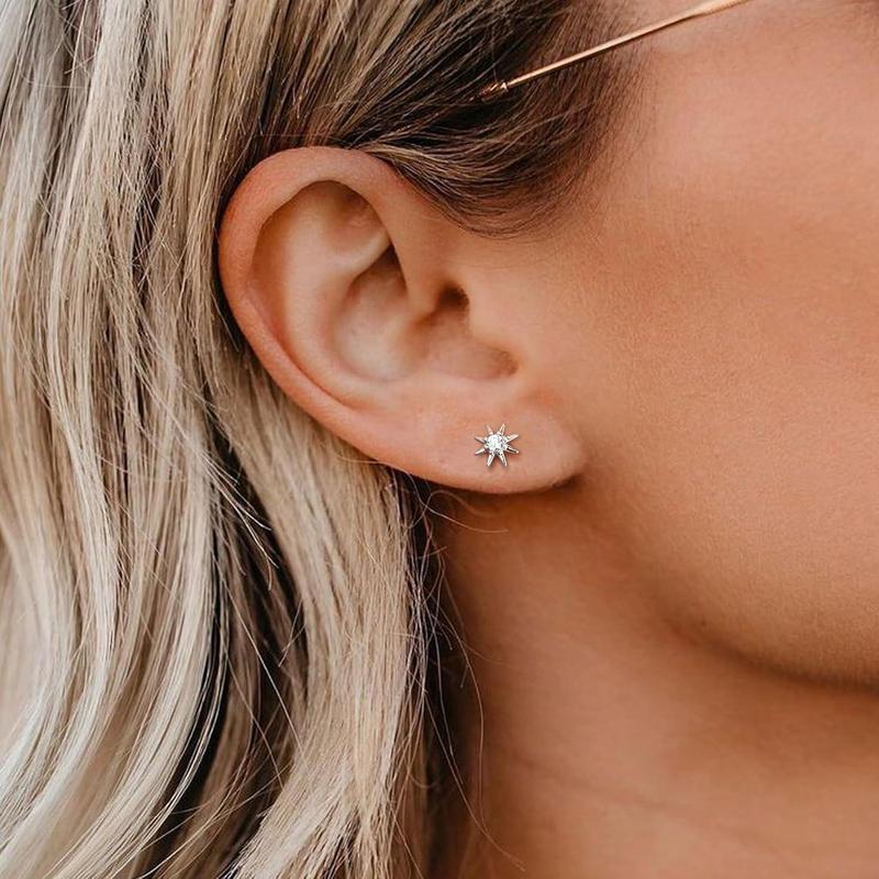 ZELORES 3 Pairs Sterling Silver Flat Back Earrings for Women Cartilage Stud Earrings Huggie Hoop Earrings Sets White Gold Plated Cubic Zirconia Stud Earrings Tragus Helix Piercing Jewelry