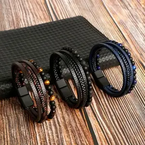 Vintage Men's Braided Natural Obsidian Bracelet with Tiger Eye Beads Faux Leather Multi-Layered Fashion Accessory