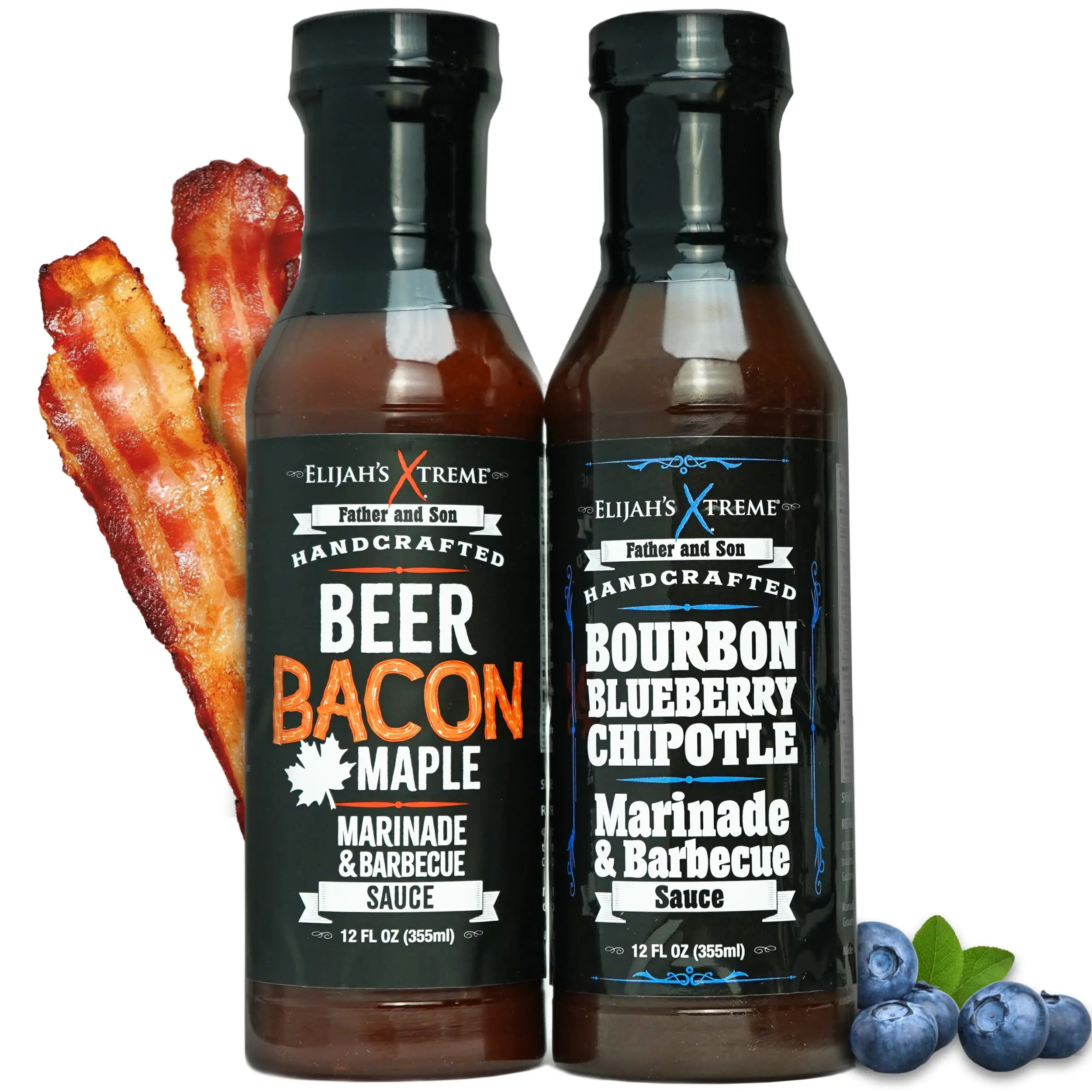 Elijah’s Xtreme BBQ Sauce Bundle - 2-Pack - Bacon Maple & Blueberry Chipotle Barbecue Sauces & Marinade, 12 fl oz Each, 12 oz each, Best Chicken Flavo
