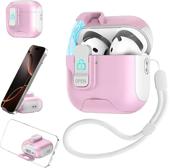 Earphone Cover for AirPods4   AirPodsPro3 AirPodsPro2/Pro Case with Safety Lock & Phone Stand, Auto Opening AirPods Pro Case Cover Compatible with Airpods Pro 2nd/1st Generation Cases for Women Girly and man with Lanyard, Drop Protective
