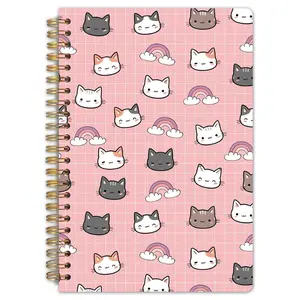1. A cat face rainbow grid spiral notebook, 5.5x8.3 inches, high-quality inner pages, pink grid design, a gift for cat lovers and art enthusiasts, durable spiral binding