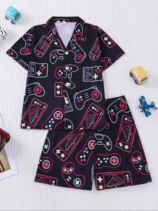 New cartoon game controller printed pajamas two-piece set for children, flame-retardant lapel cardigan, lapel short sleeved shorts, daily fashionable outfits for children, suitable for outdoor vacation gatherings, home wear pajamas set, Print Sleepwear