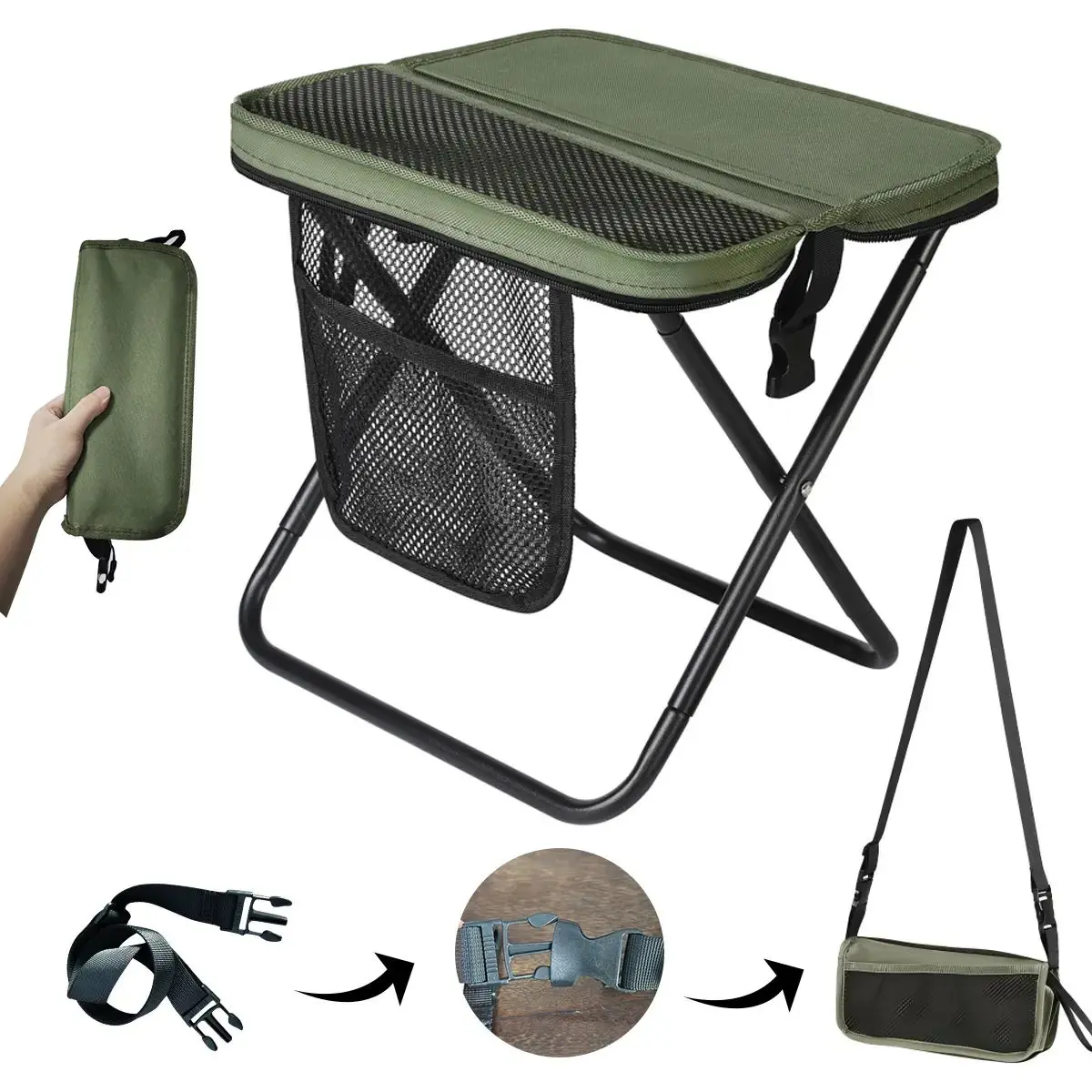 Portable Outdoor Folding Chair with Shoulder Strap, 0.5 lbs Ultra-Light Camping Chair, 2 Side Velcro Storage Pockets for Hiking, Ideal Gift for Adults