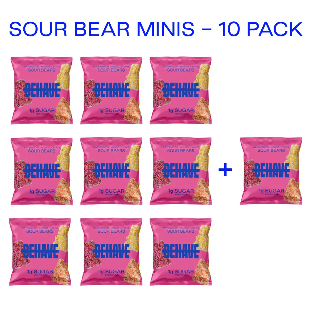 BEHAVE Low-Sugar Sour Candy Bear Minis - 10 Pack - Watermelon, Mango, and Lychee Fruit Flavors - Low Net Carb, Low Calorie, High Fiber - Keto & Diabet