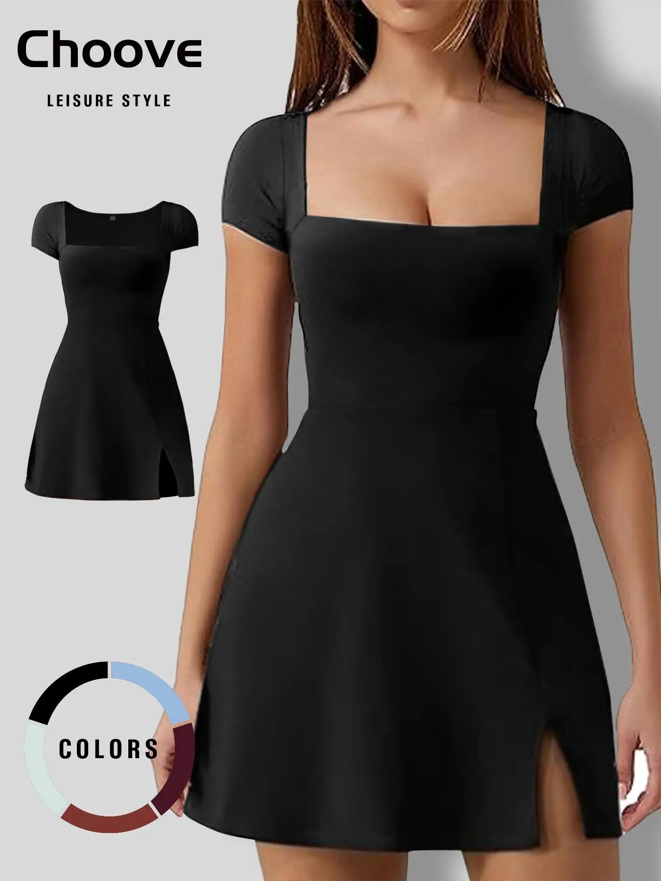 Women's Solid Square Neck Split Hem Short Dress, Summer Clothes Women, Elegant Fashion Casual Basic Comfort Slim-fitting Short Sleeve Dress, Summer Ou