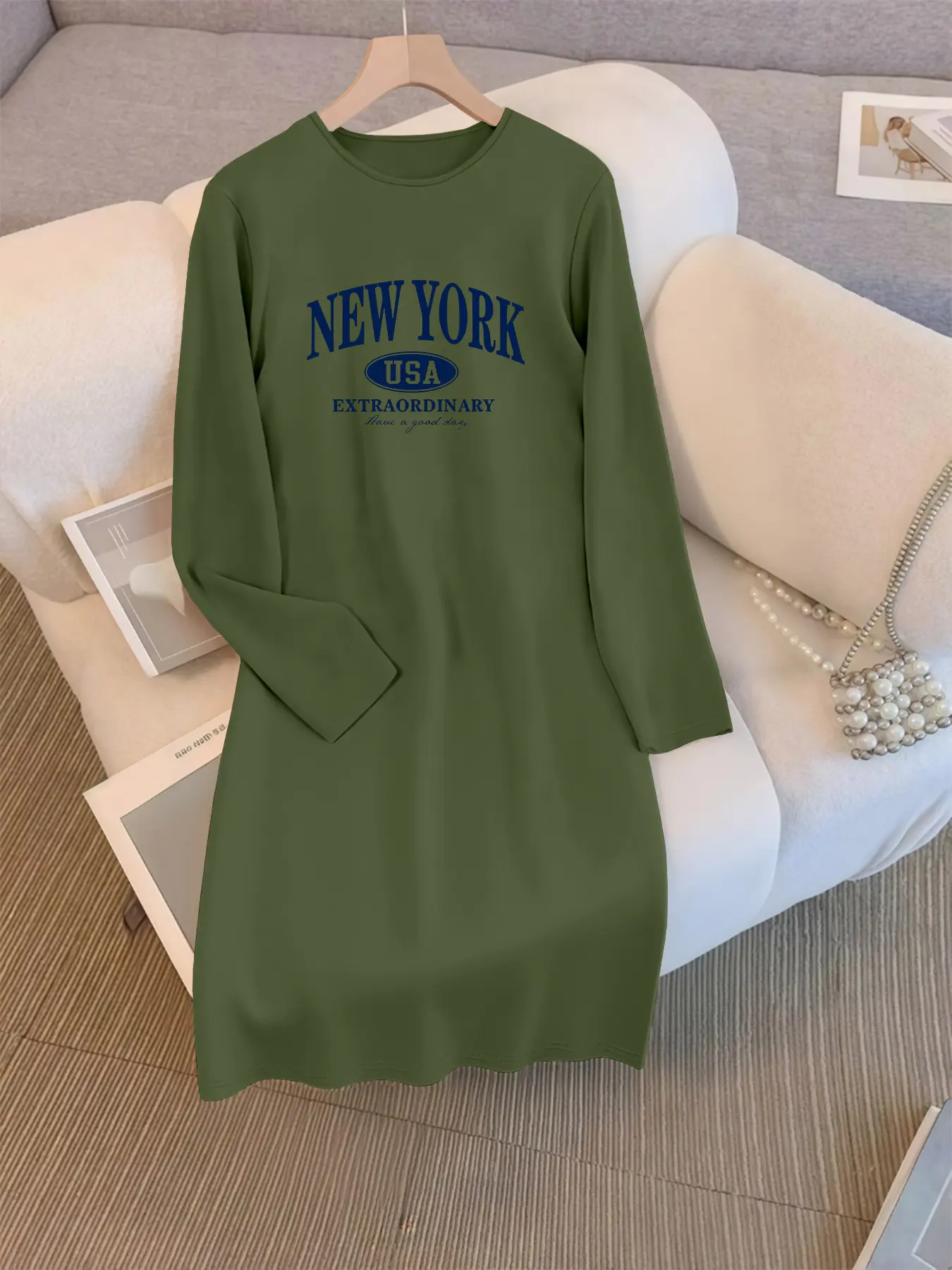Women's Casual Long Sleeve Round Neck Dress, New York Letter Print Design, Loose Fit Medium-Length Spring & Fall Wear