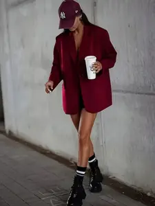 Women's Wine Blazer Jacket, Elegant Loose Fit, Pure Color Long Sleeve, Office & Casual Wear, High-Quality Material